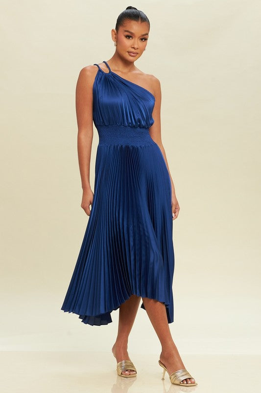 OFF SHOULDER PLEATED MIDI DRESS