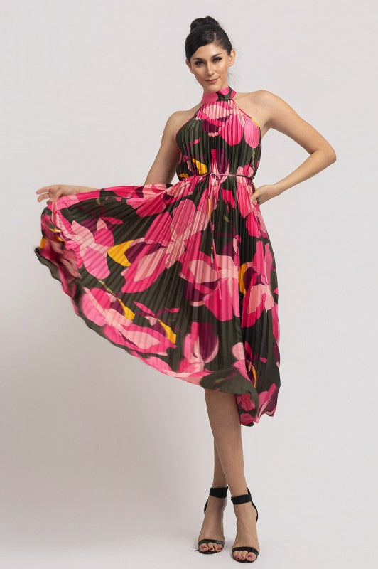 PRINTED PLEATED HALTER NECK MIDI DRESS