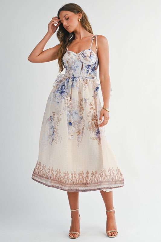 FLORAL CHIFFON TIE-STRAP MIDI SUMMER DRESS