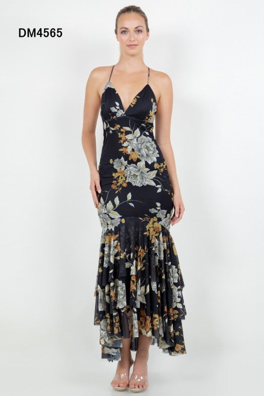 FLORAL CROSS BACK TIERED MAXI DRESS
