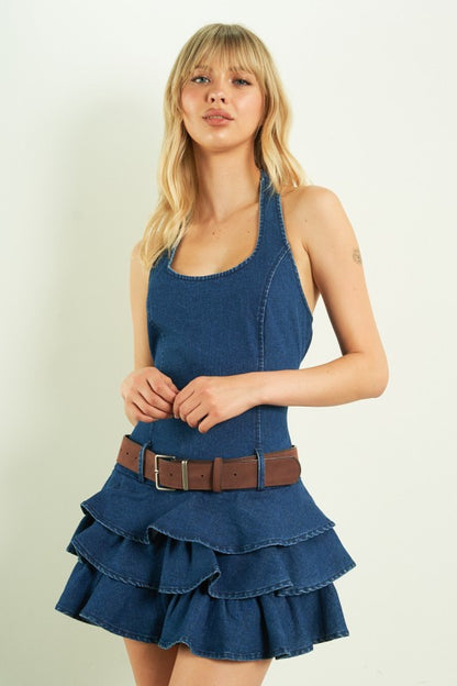 DENIM HALTER RUFFLE MINI DRESS