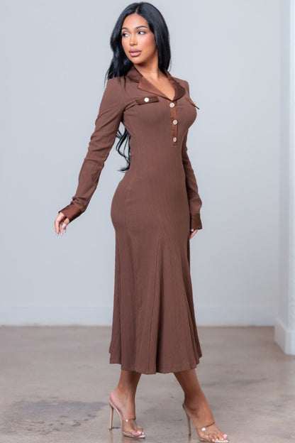 SATIN COLLAR PLEATED MIDI KNIT DRESS