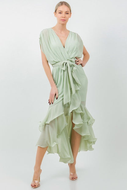 SOLID TIE WAIST RUFFLE MIDI DRESS