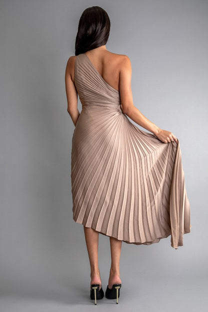 SOLID RUCHED PLEATED ONE SHOULDER HI LOW DRESS