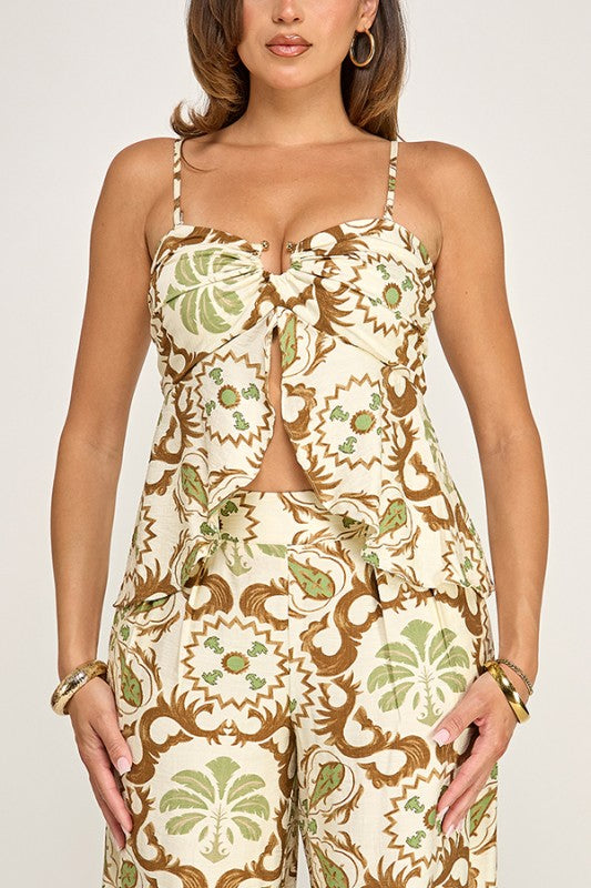 PRINTED BUST CUT BANDEAU TOP AND PANTS SET