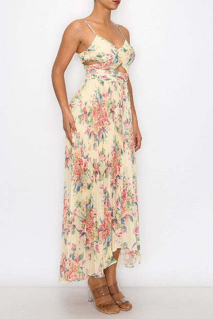 FLORAL PRINT SLEEVELESS PLEATED MAXI DRESSES