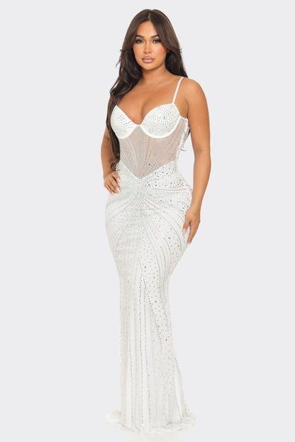 RHINESTONE EMBELLISHED MESH MAXI DRESS