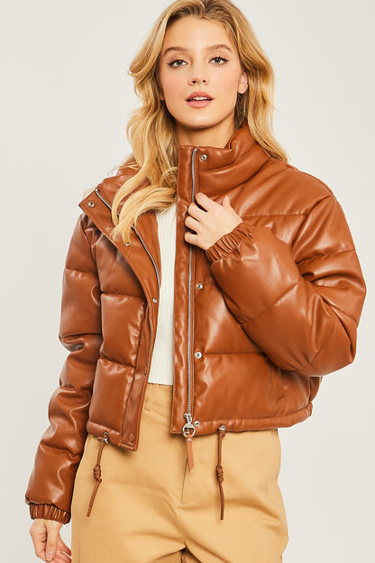 PU Faux Leather Puffer Jacket With Snap Closure