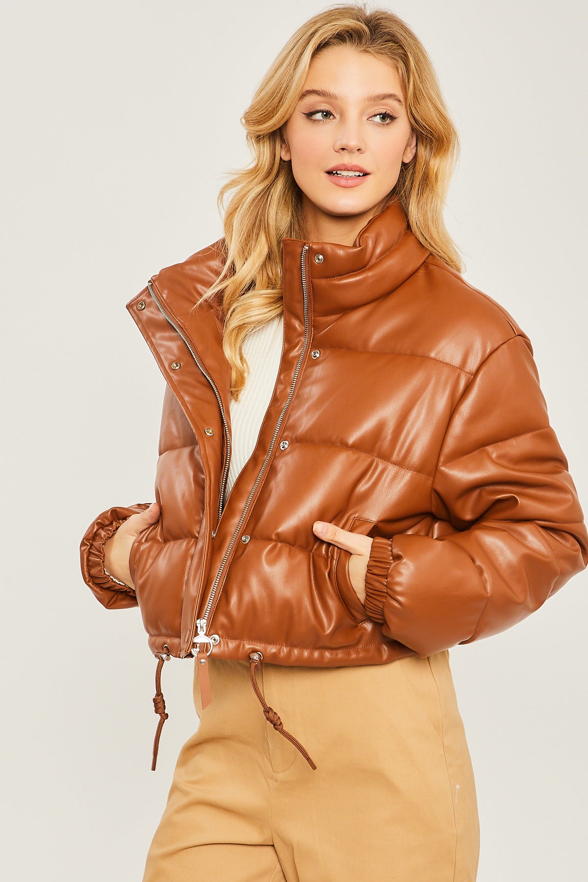 PU Faux Leather Puffer Jacket With Snap Closure