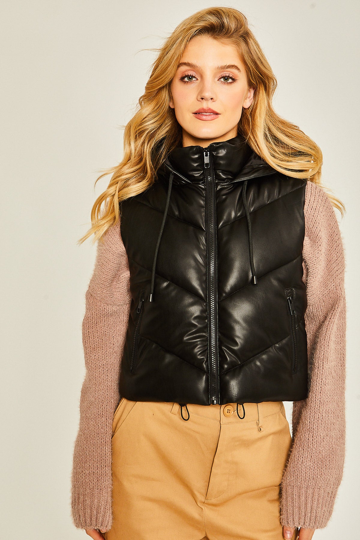 PU Faux Leather Chevron Puffer Vest