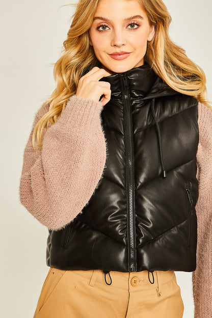 PU Faux Leather Chevron Puffer Vest