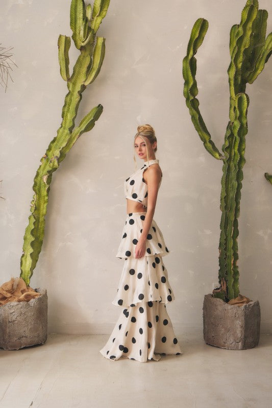 POLKA DOT HALTER NECK TOP & LAYERED MAXI SKIRT SET