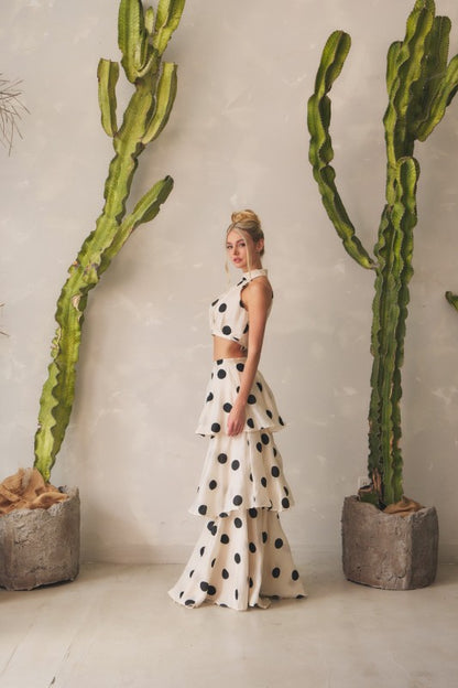 POLKA DOT HALTER NECK TOP & LAYERED MAXI SKIRT SET