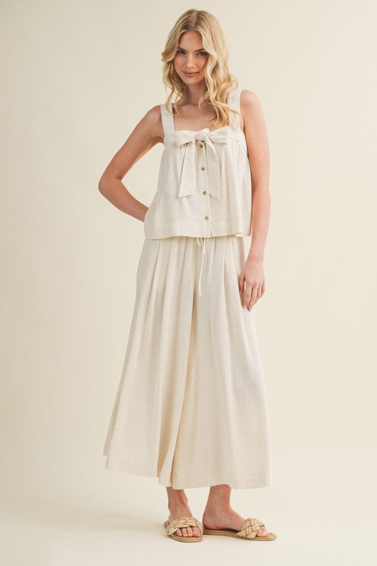 FRONT TIE SLEEVELESS TOP WIDE PANTS SET