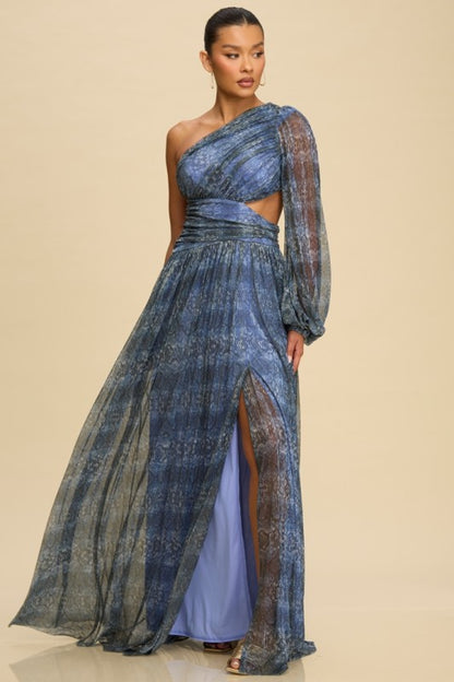 METALLIC ONE SHOULDER MAXI PARTY DRESS