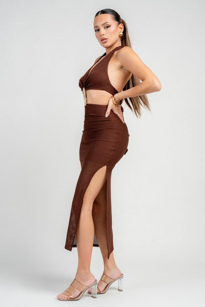 MIDI HALTER NECK DRESS WITH GOLD TRIM