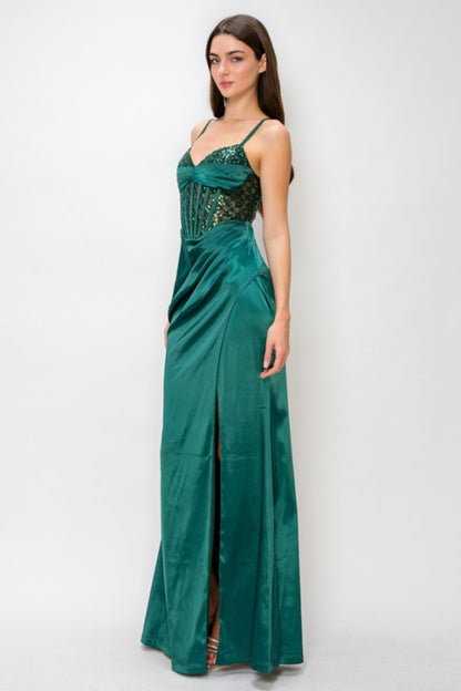 LATTICE SEQUIN SATIN CONTRAST MAXI PARTY DRESS