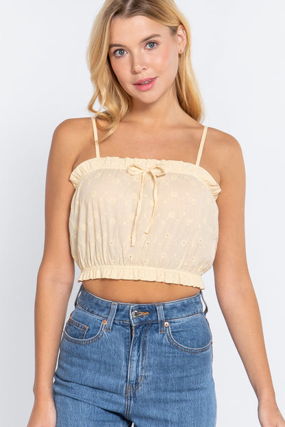 FRONT TIE DETAIL EYELET CROP CAMI WOVEN TOP