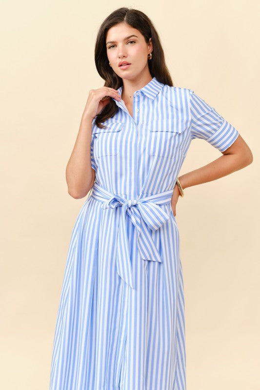 SHORT SLEEVES STRIPE BUTTON FRONT MIDI DRESS