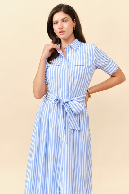 SHORT SLEEVES STRIPE BUTTON FRONT MIDI DRESS