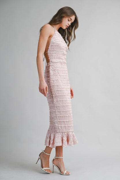 SMOCKED TIERED HALTER BODICE MIDI DRESS