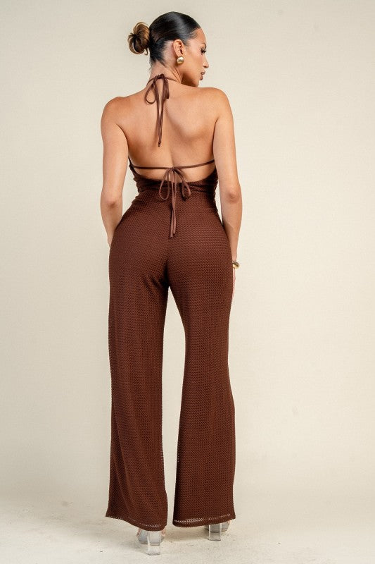 PATTERN KNIT WAIST LACE-UP JUMPSUIT