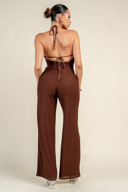 PATTERN KNIT WAIST LACE-UP JUMPSUIT