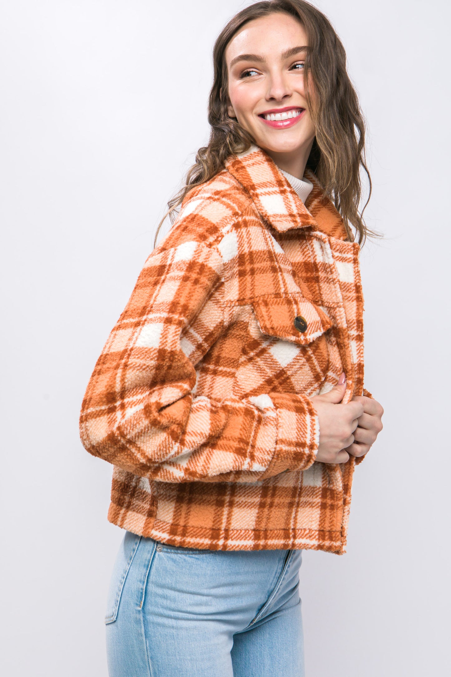 Casual Plaid Button Up Jacket W/Front Pockets