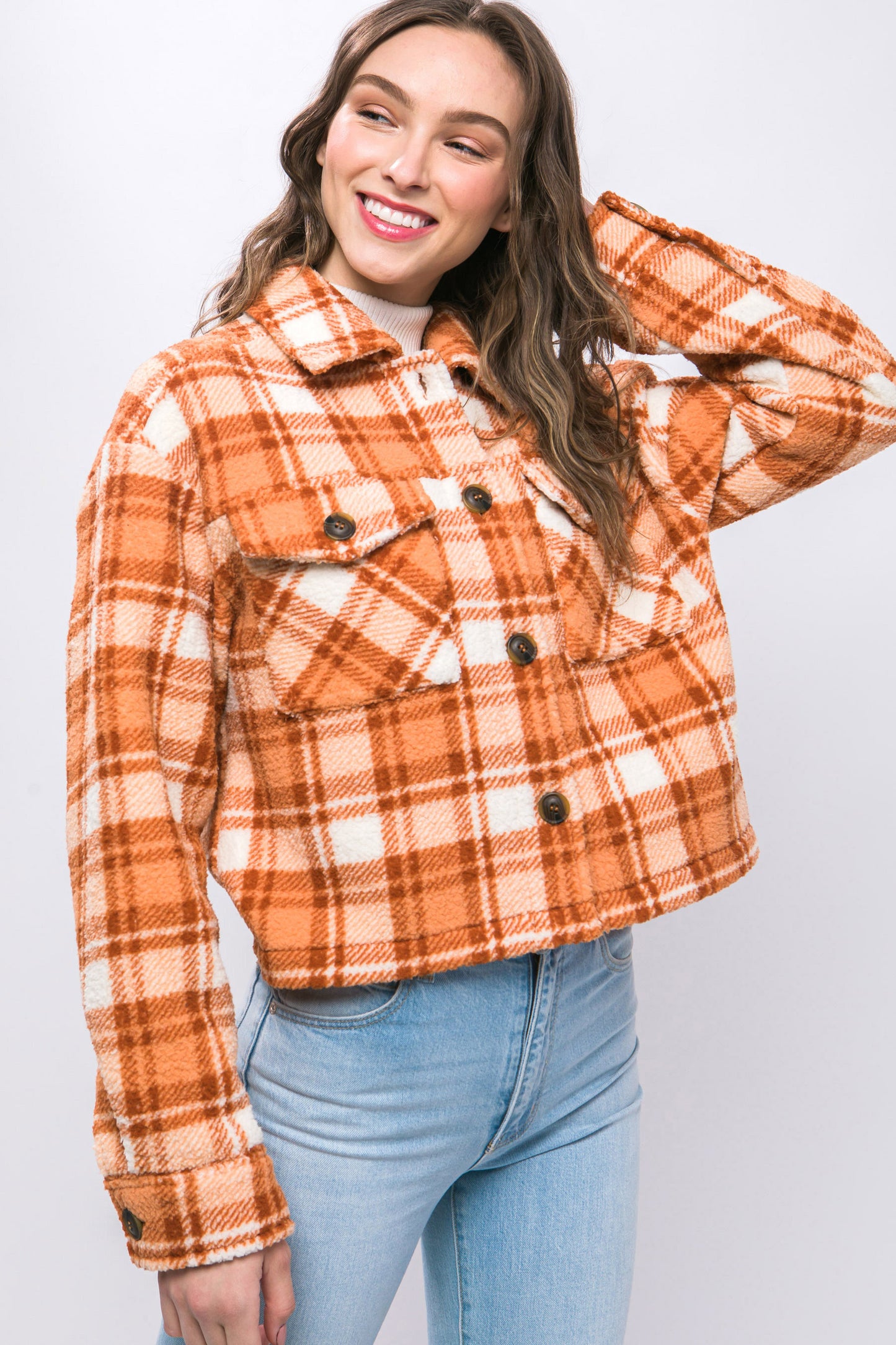 Casual Plaid Button Up Jacket W/Front Pockets