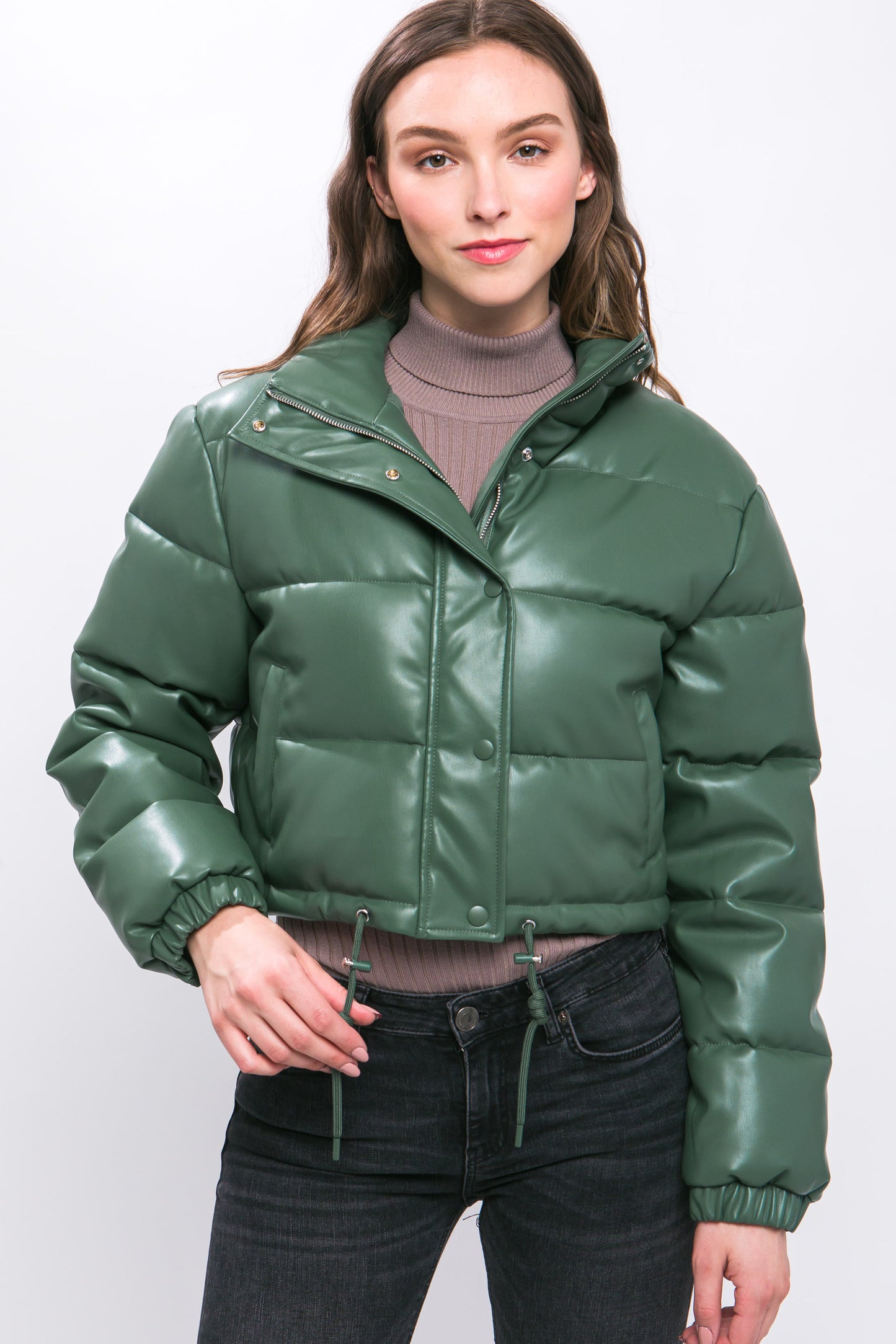 PU Faux Leather Puffer Jacket With Snap Closure