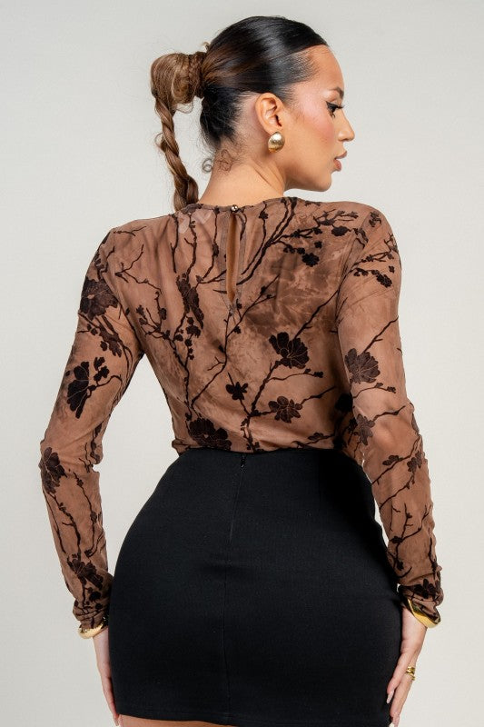 MESH VELVET FLOCKING LONG SLEEVE BODYSUIT