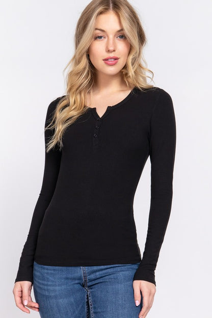 LONG SLV HENLEY NECK w/BUTTON RAYON RIB KNIT TOP