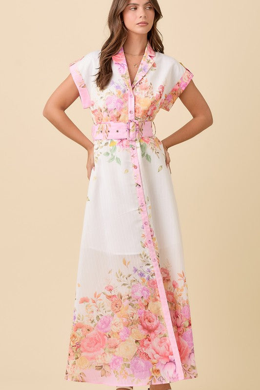FLORAL LAPEL COLLAR BUTTON DOWN SUMMER MAXI DRESS