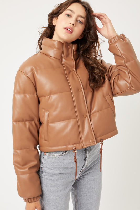 PU Faux Leather Puffer Jacket With Snap Closure