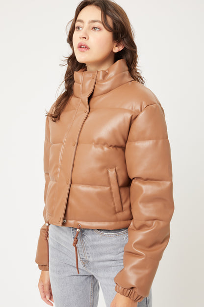 PU Faux Leather Puffer Jacket With Snap Closure