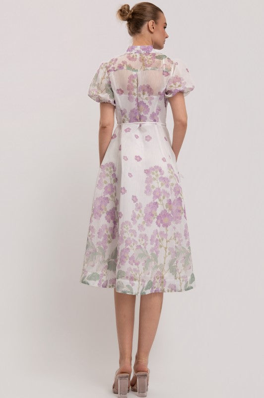SHORT SLEEVES BUTTON DOWN FLORAL MIDI DRESS