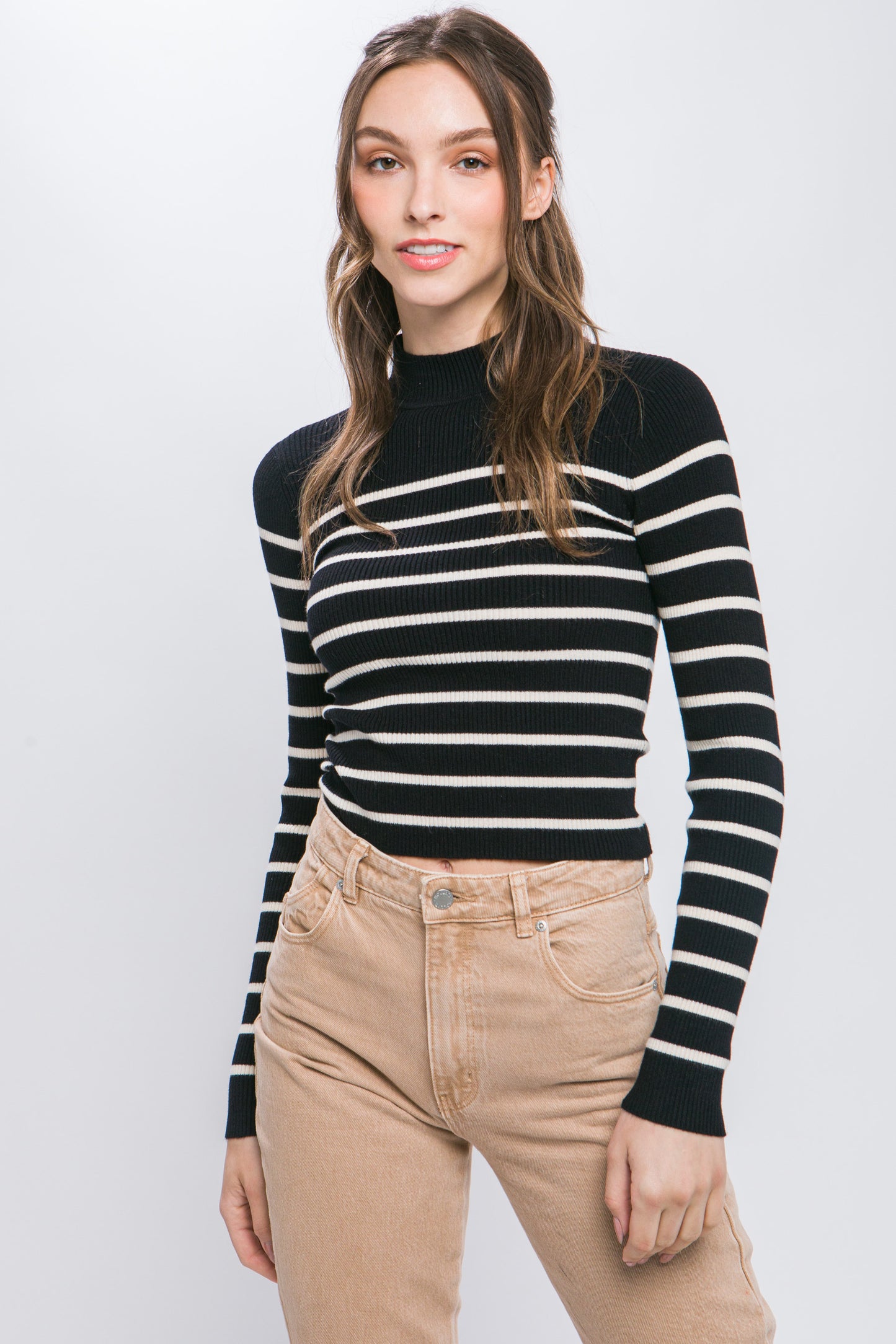 MOCK NECK STRIPPED LONG SLEEVE SWEATER KNIT TOP