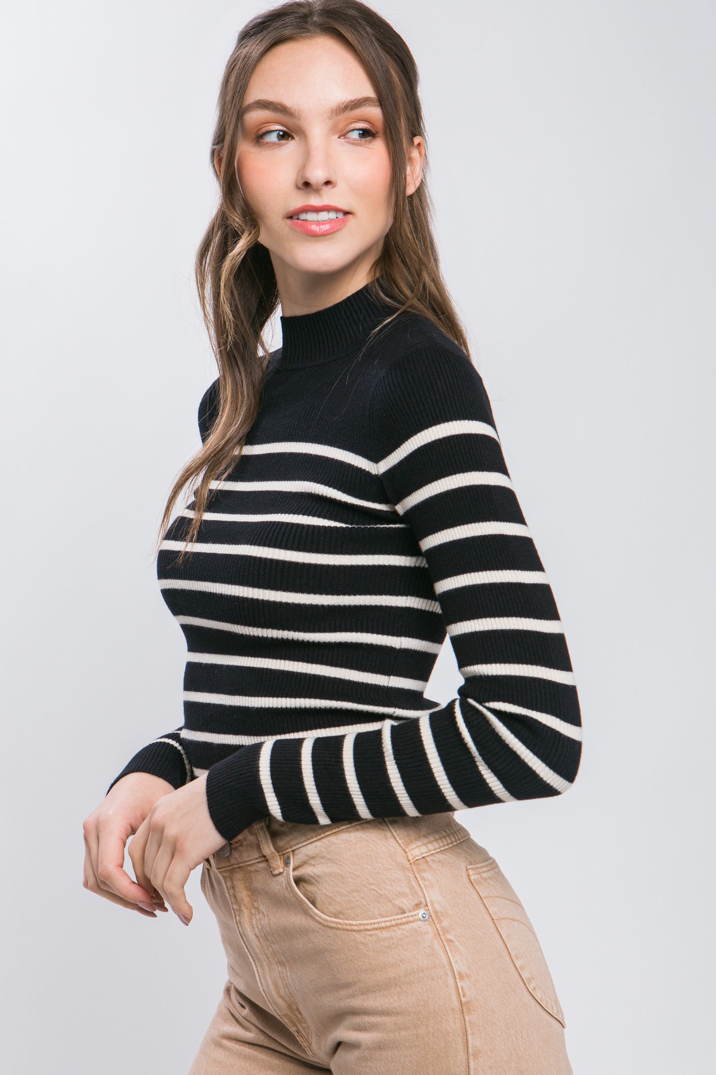 MOCK NECK STRIPPED LONG SLEEVE SWEATER KNIT TOP