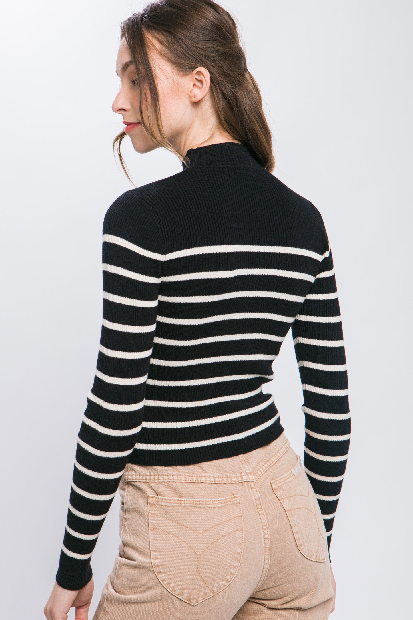 MOCK NECK STRIPPED LONG SLEEVE SWEATER KNIT TOP