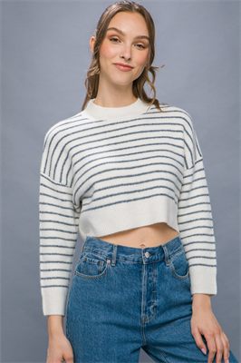 Cropped Stripe Knit Pullover Sweater