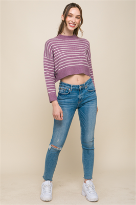 Cropped Stripe Knit Pullover Sweater