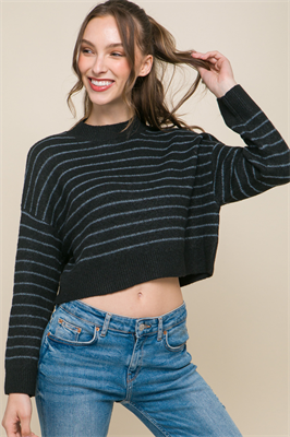 Cropped Stripe Knit Pullover Sweater