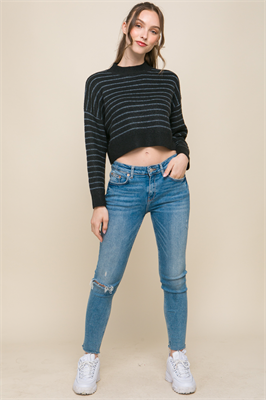 Cropped Stripe Knit Pullover Sweater