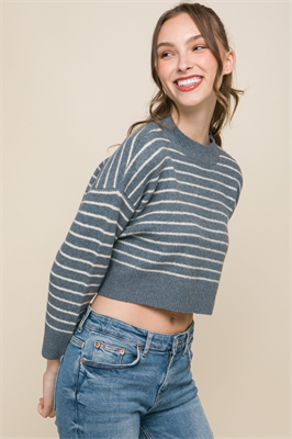 Cropped Stripe Knit Pullover Sweater