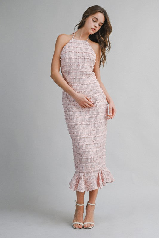 SMOCKED TIERED HALTER BODICE MIDI DRESS