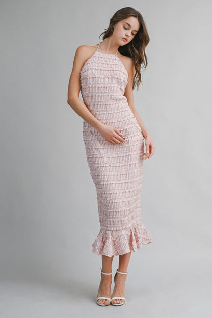 SMOCKED TIERED HALTER BODICE MIDI DRESS