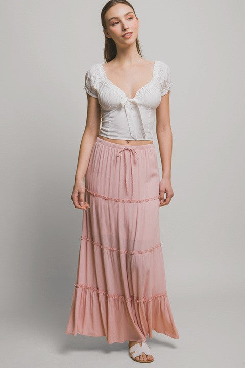 TIERED MAXI DRAWSTRING SKIRT