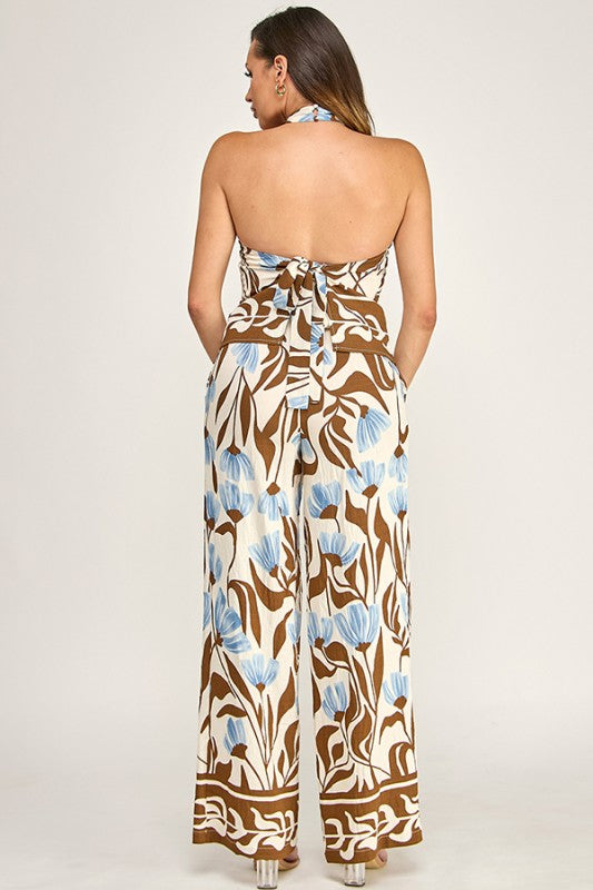 PRINTED HALTER NECK OPEN TIE DETAIL TOP W/PANTS SET