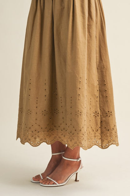 STRAPLESS EYELET SCALLOP HEM TWOFER MIDI DRESS