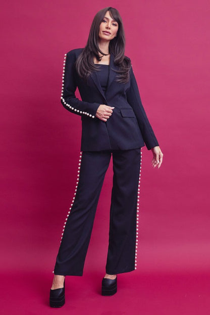 3PCS TOP PANTS AND BLAZER SET WITH PEARL TRIM